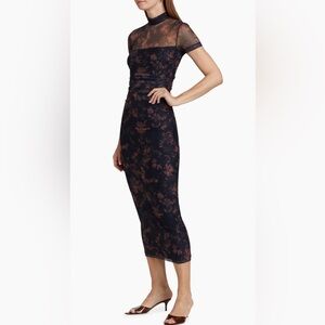 NEW Amanda Uprichard Black and Brown Mesh Floral Midi Dress Sz XS